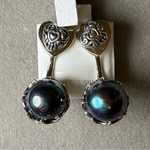 925 Sterling Silver Heart Drop Earrings with Iridescent Pearls